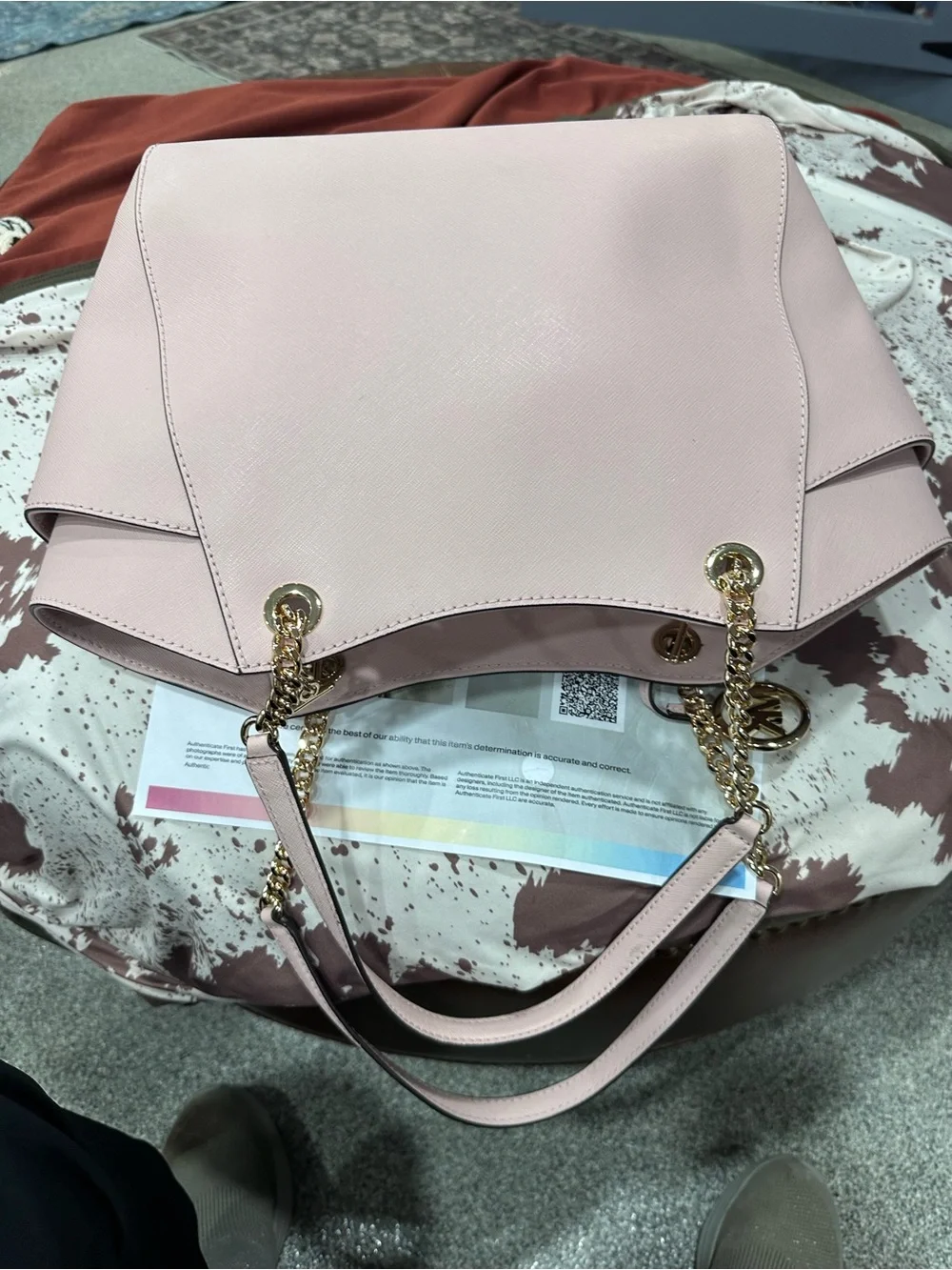 Michael Kors Blush Pink Leather Shoulder Tote with Gold Accent. COA